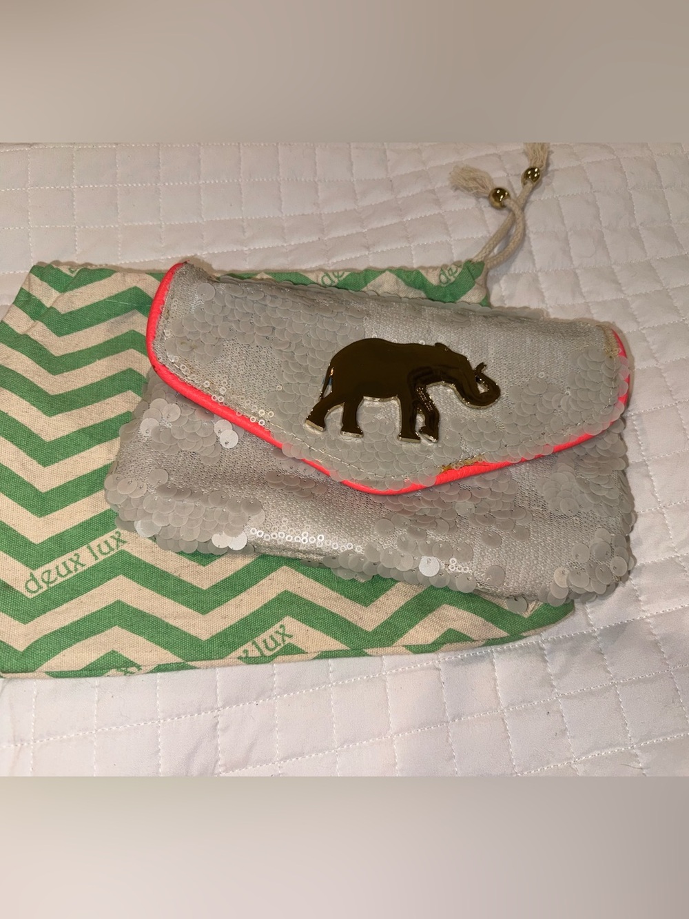 New Deux Lux Silver Sequin Satchel Clutch with Neon Pink Trim and Gold Elephant